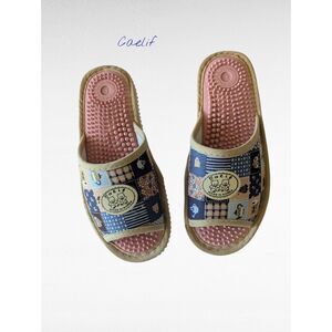 Caelif Korean Massage Slide Nubby Footbed Patchwork Teddy Print